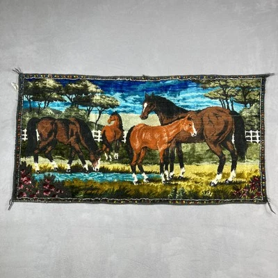 Vintage Horse Tapestry Rug Wall Hanging Pastoral Farm Scene 36x19" Art Decor - Image 1 of 4