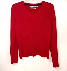 Maglione vintage Tommy Hilfiger maglia cavo rosso donna grande scollo a V logo 2000 - Foto 1 di 9