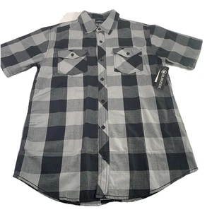 Burnside black gray Buffalo check short sleeve shirt button up Mens Medium NEW - Picture 1 of 8