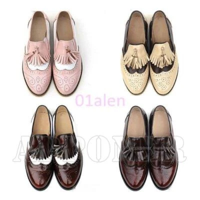 Zapatos de salón retro sin cordones para mujer Oxfords planos punta de ala cuero borla lo último Foto 1 de 4