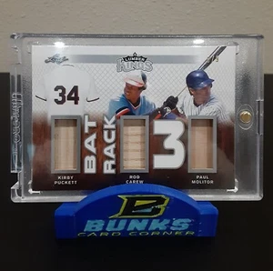 Tarjeta de reliquia de murciélago PUCKETT/CAREW/MOLITOR 2020 Leaf Lumber Kings #/9 TWINS HOF SP - Imagen 1 de 3