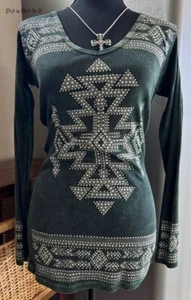 New VOCAL Womens CRYSTAL MINERAL WASHED GREEN AZTEC BIKER BLING SHIRT S M L XL - Picture 1 of 4