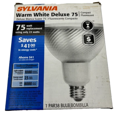 SYLVANIA WARM WHITE DELUXE 75 LIGHT LAMP BULB CF23EL/PAR38HG/2700K 75W PAR38 - Image 1 of 4