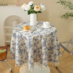 Manteles Redondos Azul Pequeño Floral Algodón Lino Borla Cubierta de Escritorio Lavable ∷ - Imagen 1 de 6