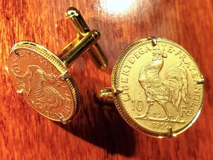 French Rooster 1899 France 10 Francs Gold Tone Souvenir Coin Cufflinks + Box! - Picture 1 of 9