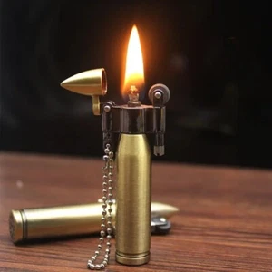 Cool Retro Metal Bullet Lighter Grinding Wheel Unique Flame Keychain - Picture 1 of 7