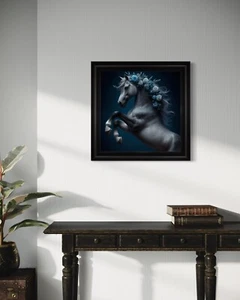 Framed White Galloping Horse With Blue Flowers In Its Main Printed On Velvet - Picture 1 of 5