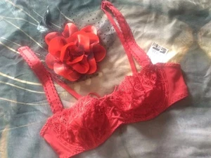 Vintage Aubade Paris Bra 34C Red Lace Rayon Cotton Blend Tie Front Sexy! NwT - Picture 1 of 8