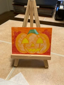 ACEO Original painting 2.5 x 3.5 Mini Art Card Pumpkin Halloween 4 - Picture 1 of 1
