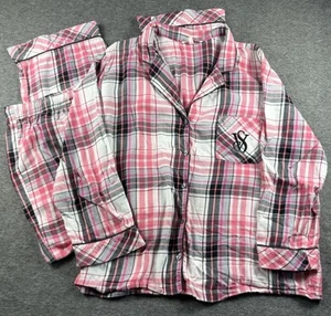 Victoria’s Secret Pajama Set XL Pink Black Plaid Buttons Logo Long Sleeve EUC - Picture 1 of 12