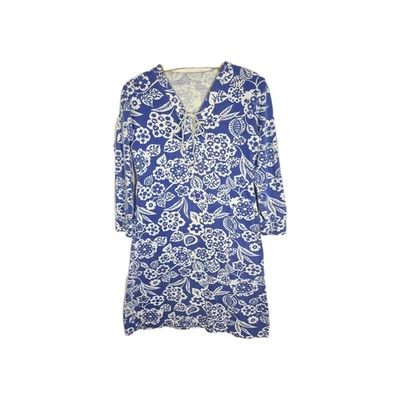 70s Lace Up Dress M Knit Cotton Metal Eyelet Neckline Blue Hibiscus Print Beach - Image 1 of 4