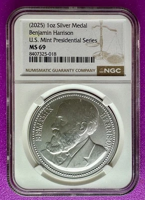 (2025) Benjamin Harrison Presidential Series 1oz Silver Medal NGC MS69 (018) - Image 1 of 2