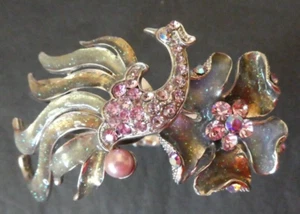 Pulsera de pájaro y flor en tonos plateados esmaltado azul pálido y diamantes de imitación rosa - Imagen 1 de 6