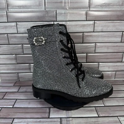 Stuart Weitzman Women's Dazzle Embellished Lame Silver Combat Boots Size 6-NEW - Изображение 1 из 4