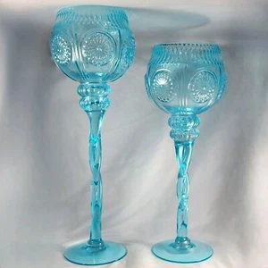 Italian Blue Depression Glass Vase Set Empoli Italy Adeline Twisted Stem 16" 14" - Picture 1 of 7
