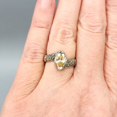 Marsala Marquise Lab Citrine Marcasite Sterling Silver Ring Sz 5.75 5g - Image 1 of 4