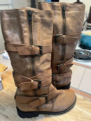 Shellys London Boots Womens 7 Brown Leather Suede Biker Moto Boot Buckle Shoes - Image 1 of 4