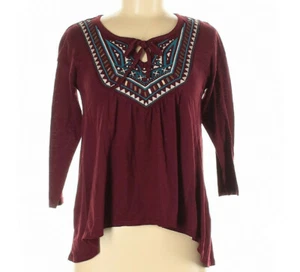 Hollister Camisa Mujer Manga 3/4 Mediana Boho Top Borgoña Acanalada Suroeste - Imagen 1 de 5