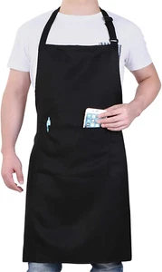 Black Chef Apron for Men & Women – 33x27 w/ 2 Pockets & Long Waist Ties - Picture 1 of 11