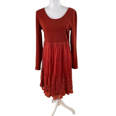 A'Reve Mixed Media Dress Burnt Orange Layered Tiered Crochet Y2K Fairy M Read - Image 1 of 4