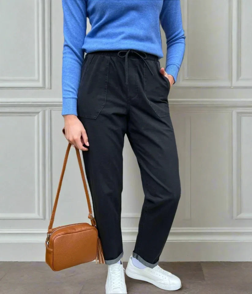 Trousers Womens Black Denim Jersey Cotton Rich Drawstring Straight Leg Joggers - Image 1 of 4