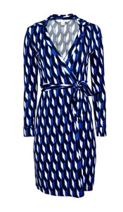 Diane von Furstenberg DVF Wrap Dress 8 Classic Collar Blue Geometric - Picture 1 of 7