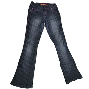 Vanilla Star Women’s Jeans Size 1 Bootcut Flare Blue Denim Purple Stitch Stretch - Picture 1 of 4