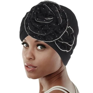 African Turban Cap Women Flower Wide Beanie Rhinestone Stretchy Head Wraps No... - Picture 1 of 6