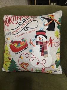 Pier 1 Imports Christmas Lights North Pole Snowman Elf Penguin Pillow 17" x 17"  - Picture 1 of 6