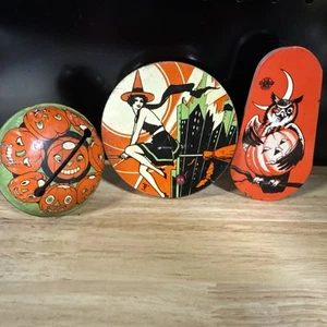Lot of 3 Vintage Halloween T. Cohn Inc Tin Litho Noisemakers Made in USA - Picture 1 of 7