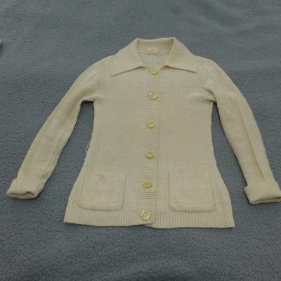 Suéter feminino vintage pequeno anos 70 retrô creme botão para cima cardigã bolsos colarinho - Imagem 1 de 4