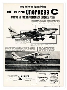 Anuncio impreso Piper Cherokee C avión de 4 asientos vintage 1965 anuncio - Imagen 1 de 4