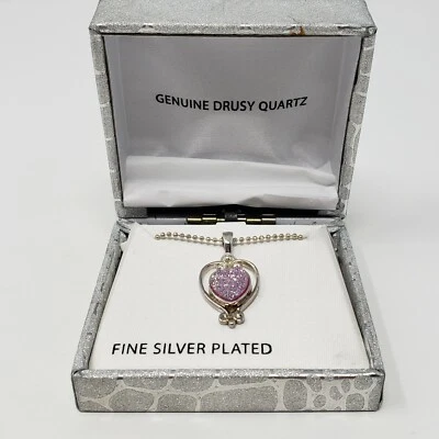 Silver Plated Pink Drusy Quartz Heart Pendant Necklace Original Gift Box New - Image 1 of 4