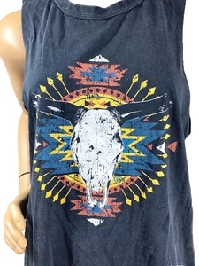 Rock & Roll Denim Graphic Steer-Skull Tank Size L Side Vents Cut Out Arms - Picture 1 of 14