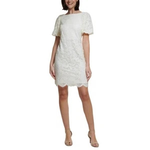 Jessica Howard Petites Lace Design Scalloped Above Knee Shift Dress ivory 8P - Picture 1 of 2