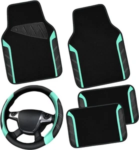 CAR PASS Leather Steering Wheel Cover & Waterproof Car Floor Mats (Black&Mint) - Picture 1 of 11