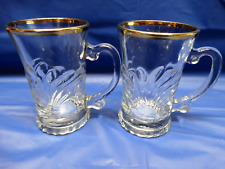 Set of 2 KSA Clear Glass Swirl Design Handled with Gold Rimmed Cups 4oz EUC