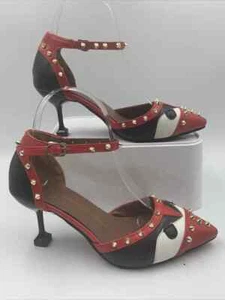 Leather Black White Red Strappy Spool Heels. New! Gold Studs. Very unique. Uk3 - Picture 1 of 19