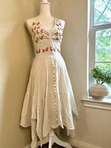 Vintage Embroidered 70's Halter Peasant Dress Flowing Tiered Skirt - Picture 1 of 10