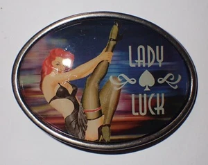 RETRO PIN UP GIRL "LADY LUCK" BELT BUCKLE W/BOTTLE OPENER REDHEAD WITH NYLONS - Picture 1 of 2