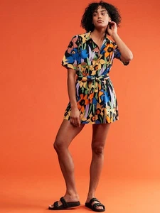 Roxy Real Yesterday Dress Belted Button Front Short Sleeve Multicolour Tropical - Picture 1 of 6