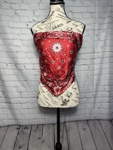 Satin Hankerchief Red Paisley Boho Bandana Sleeveless Tie Open Back Top/Scarf - Picture 1 of 7