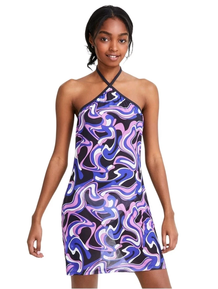 Miken Juniors' High-Neck Sleeveless Swim Cover-up Black Violet small