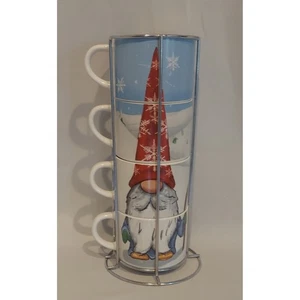 Prima Design Ceramic Stackable Christmas Gnome Coffee Mugs Set of 4 w/Rack - Picture 1 of 11