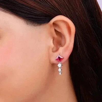 3.00Ct Princess Cut Lab Created Ruby Women's Drop Earring 14K White Gold Plated - Image 1 of 4