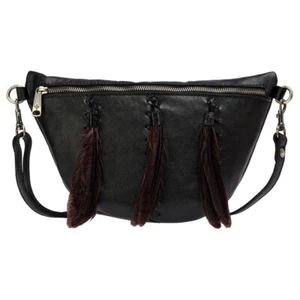 Patricia Nash Tinchi Leather Feather Accented Crossbody Sling Belt Bag-Black-NWD - Picture 1 of 7