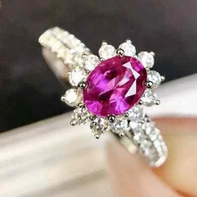 Anillo de compromiso de diamantes y rubíes naturales de corte ovalado de 2,70 quilates de oro blanco de 14 quilates talla 6 Foto 1 de 4