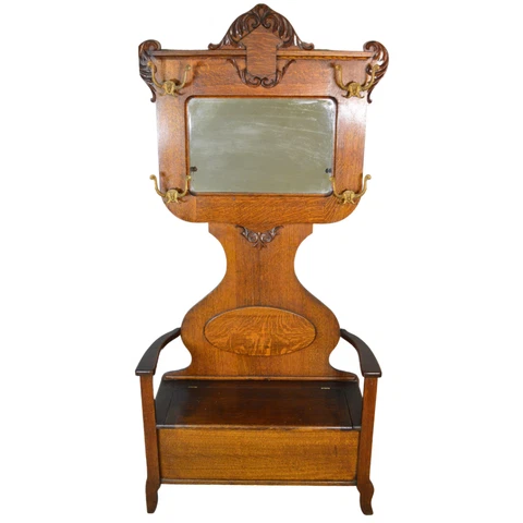 Antique Victorian Hall Tree, Oak Storage Bench #21016 Cover