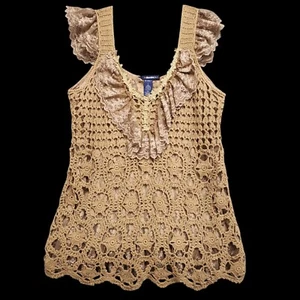 Vintage Denim 24/7 Crochet Lace Top Womens L Ruffle Feminine Y2K Babydoll Boho - Picture 1 of 13
