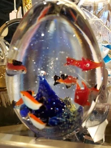 Oval Glass Paperweight School Of Fish 4 1/2" tall Gold and Multicolor Excellent - Picture 1 of 10